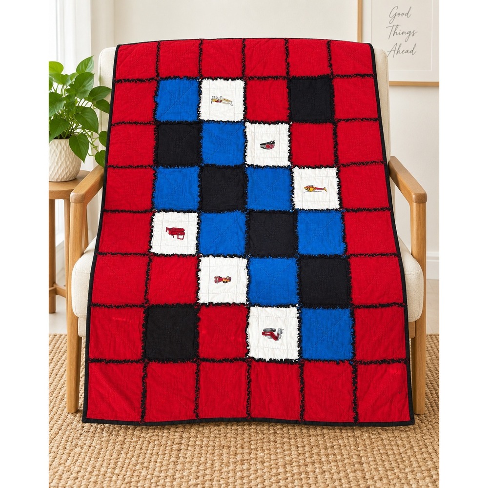 Handmade Rag Quilt Train Plane Vehicle Applique Flannel Blanket 40.75x53 Warm
